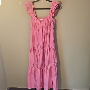 Abercrombie & Fitch Pink Smocked Back Maxi Dress Tiered Ruffle Short Sleeves